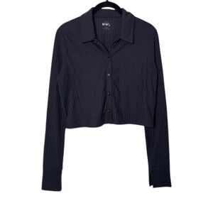 Black Ribbed Button-Front Crop Sweater